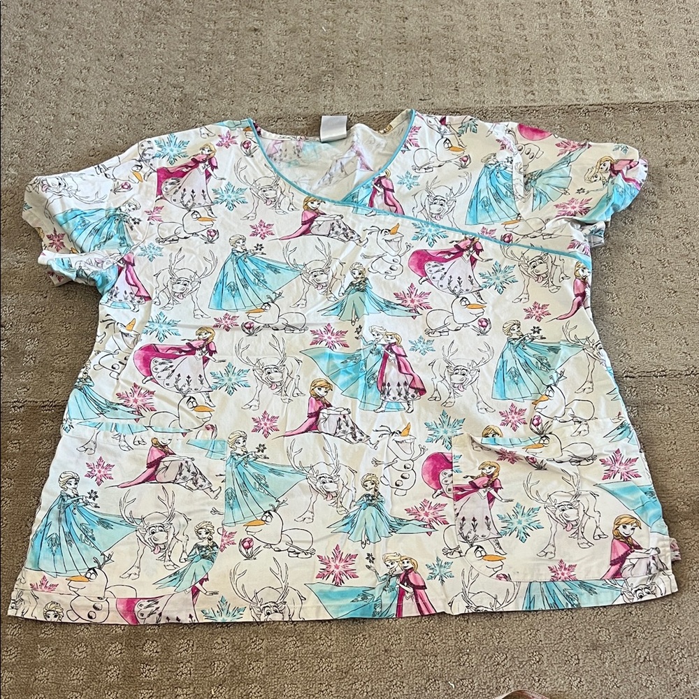 Disney Blue and Pink Frozen Nurse Scrub Top EUC XL
